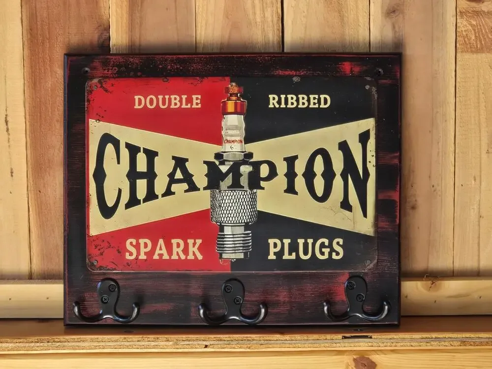 Champion Spark Plug Sign, Rustic, Mounted on Solid Wood, Hooks, Handmade, New